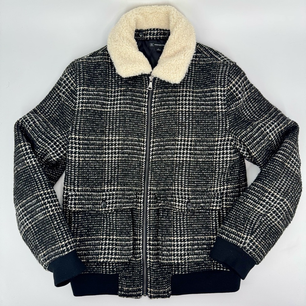 Men's Black and White Plaid Jacket with Cream Collar